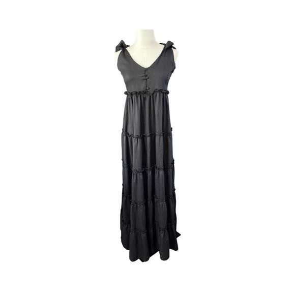 Boohoo Black Ruffle Tier Tie Shoulder Maxi Dress Women’s Size 6 NWT - Picture 2 of 9